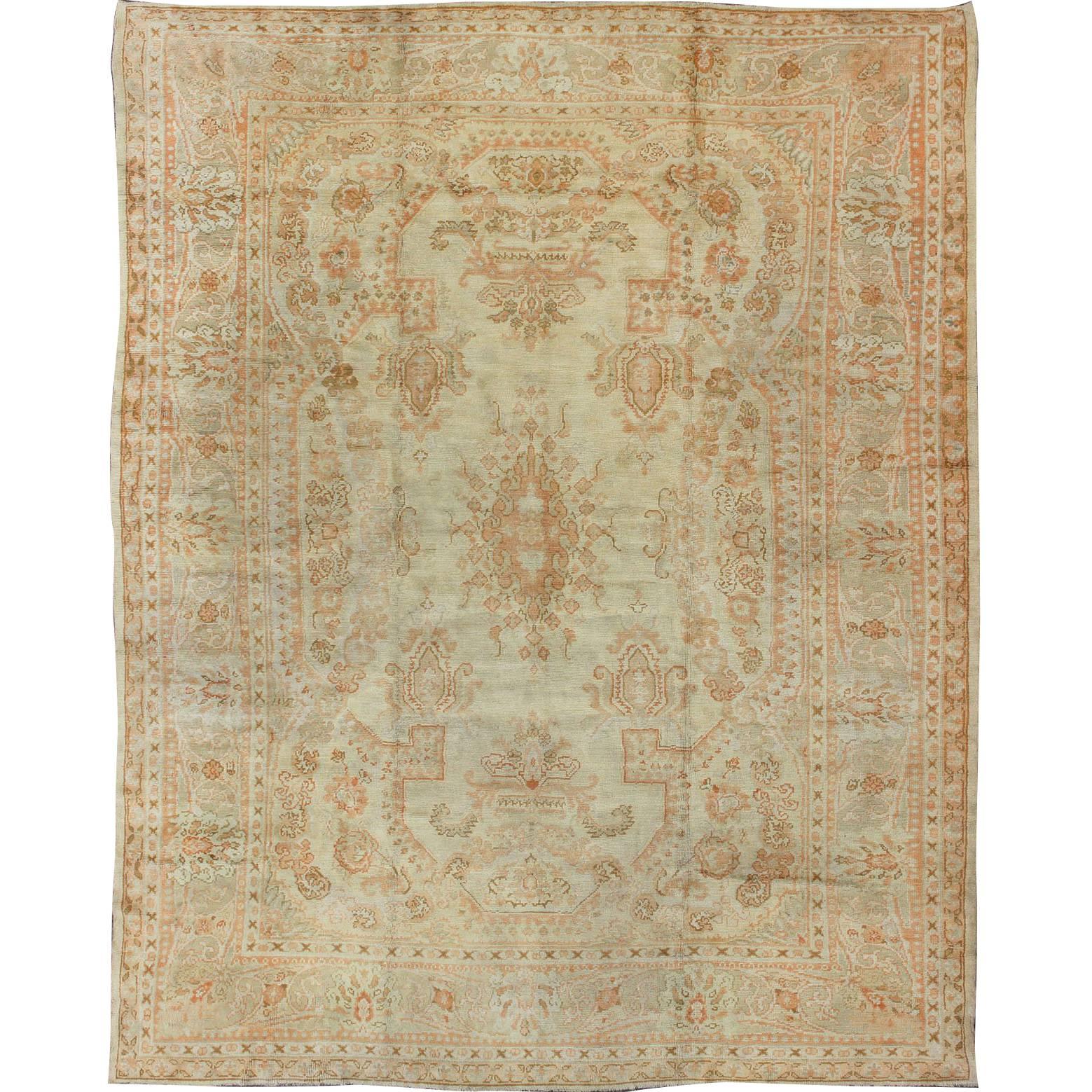 Large Antique Oushak Carpet in Ivory Background, Taupe, Gray , Green and Salmon
