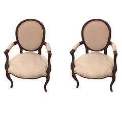 Pair of  French Carved Wood and Upholstered Arm Chairs 