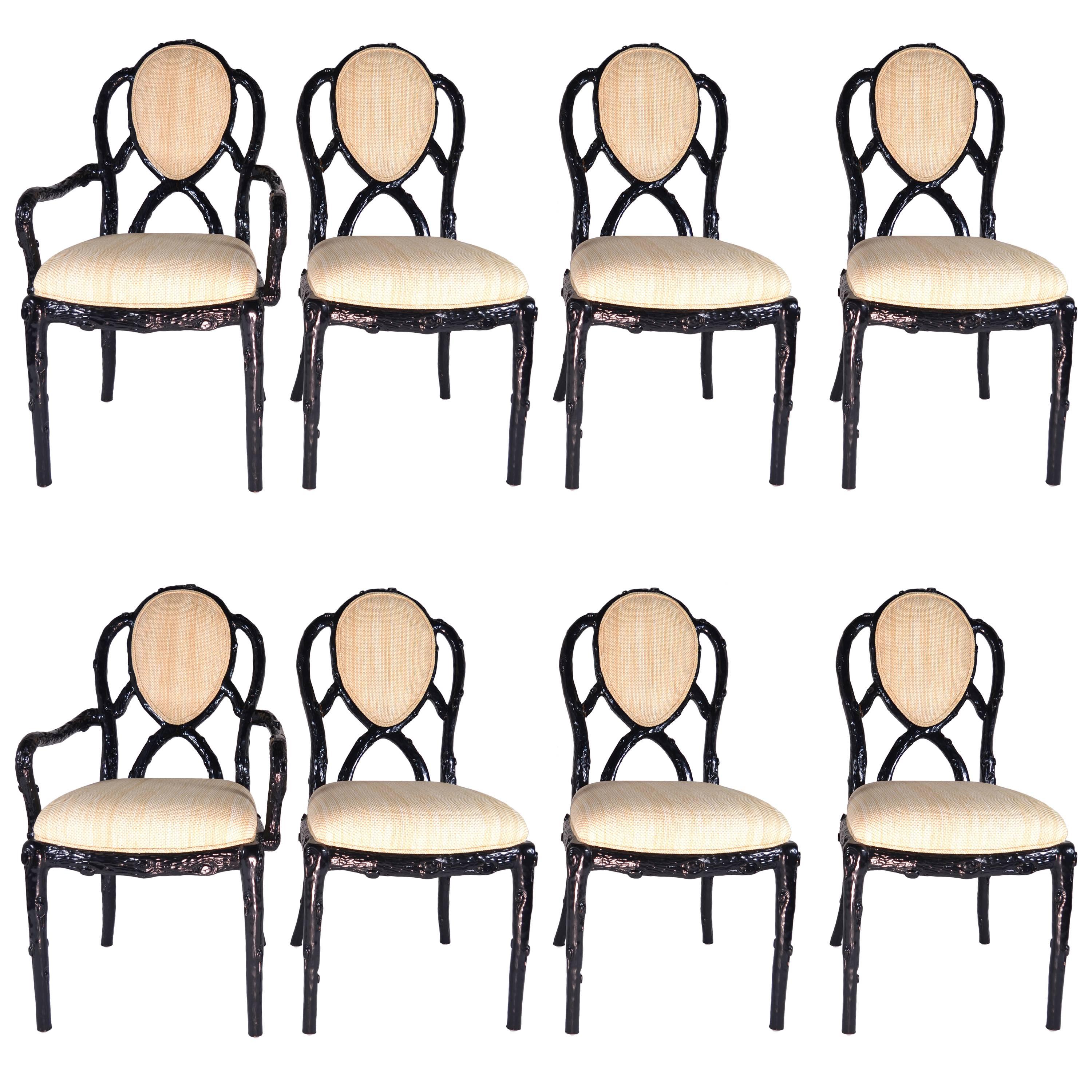Set of Eight Faux Bois Dining Chairs in Black Lacquer