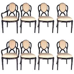 Set of Eight Faux Bois Dining Chairs in Black Lacquer