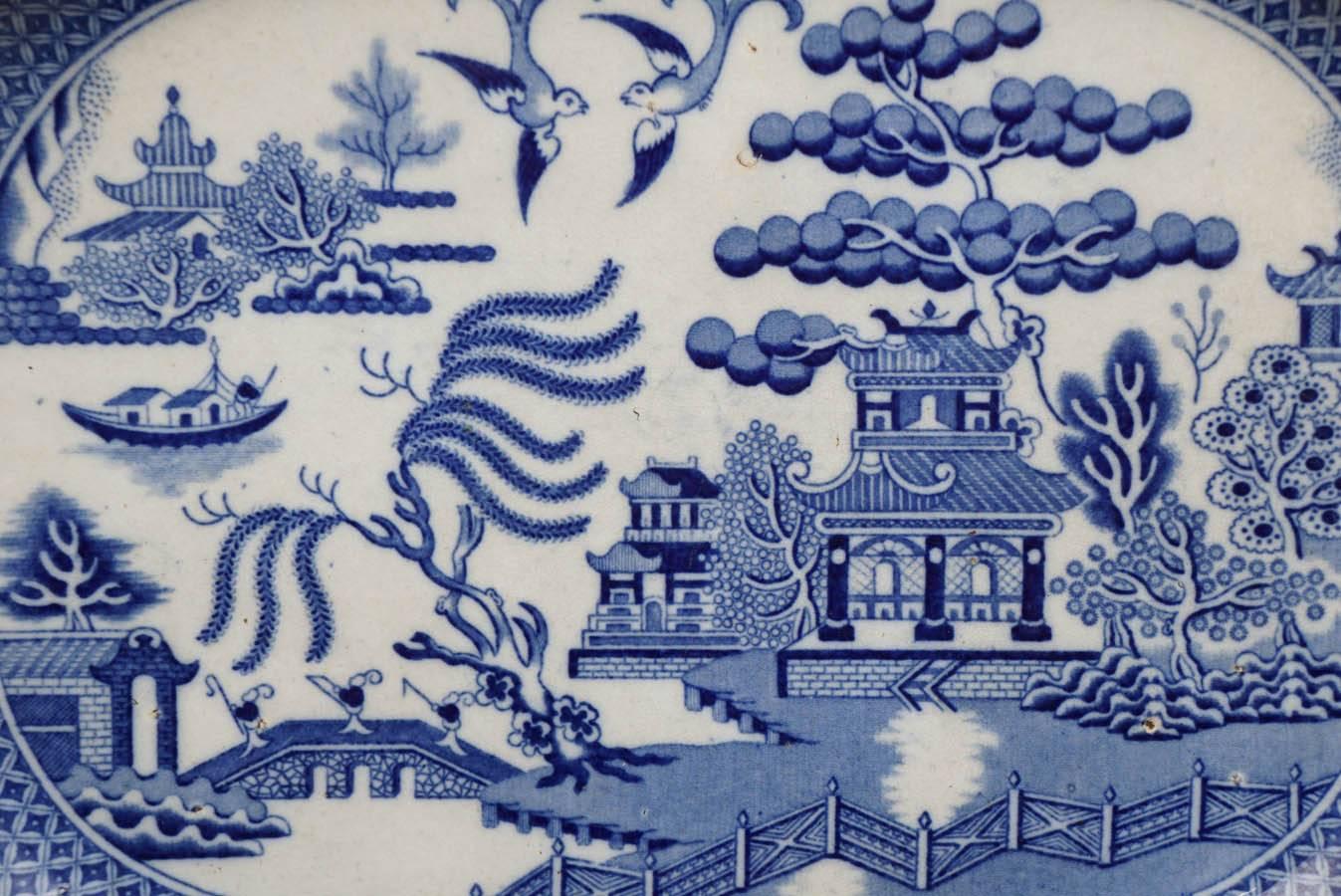 Victorian Blue & White Scenic Transferware Platter, Asian Motif, circa 1860