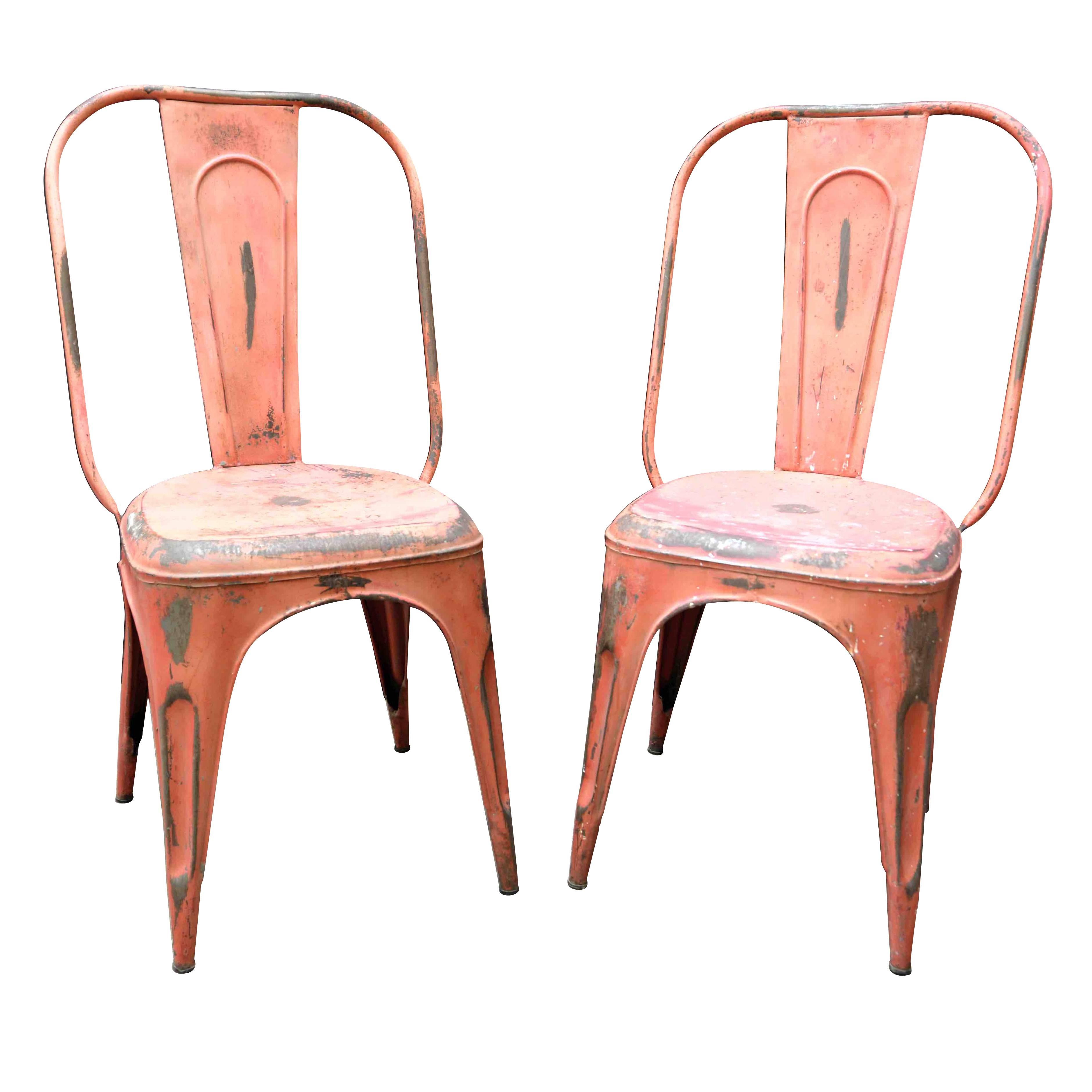 1950s French Metal Industrial Stacking Café Bistro Chairs in Red For Sale
