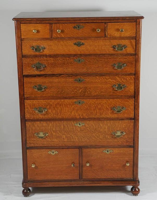 Early American Gentlemans Tall Chest of Drawers in Oak and Brass at 1stDibs