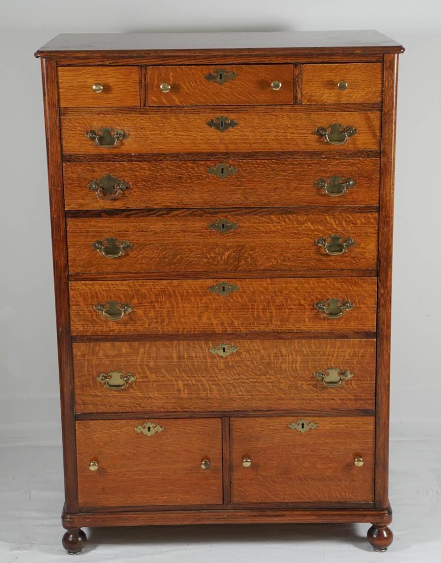 American Colonial Early American Gentlemans Tall Chest of Drawers in Oak and Brass