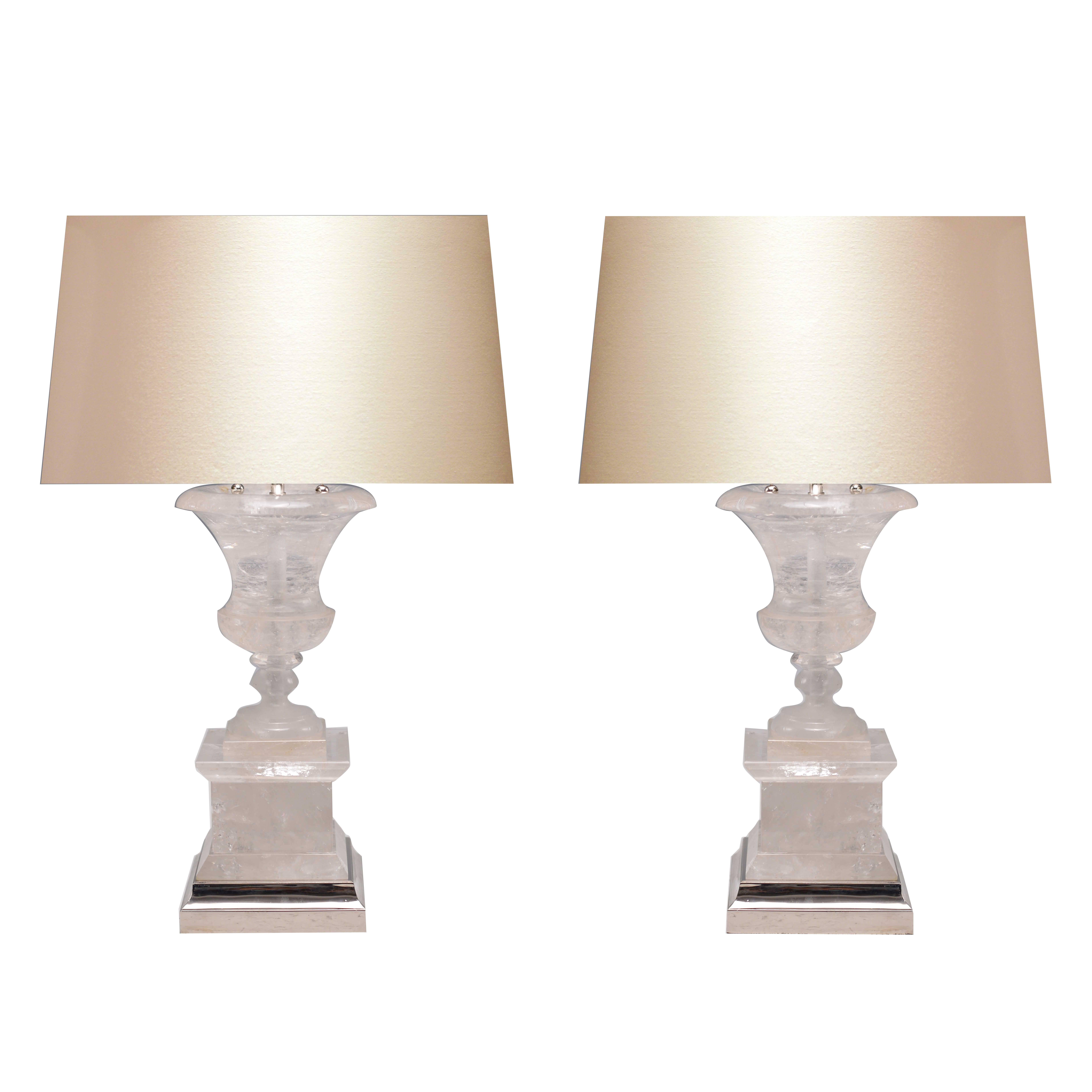 Pair of Fine Carved Rock Crystal Quartz Urn Table Lamps For Sale