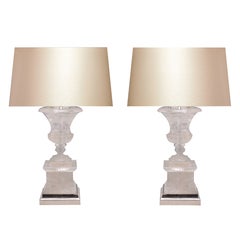 Pair of Fine Carved Rock Crystal Quartz Urn Table Lamps