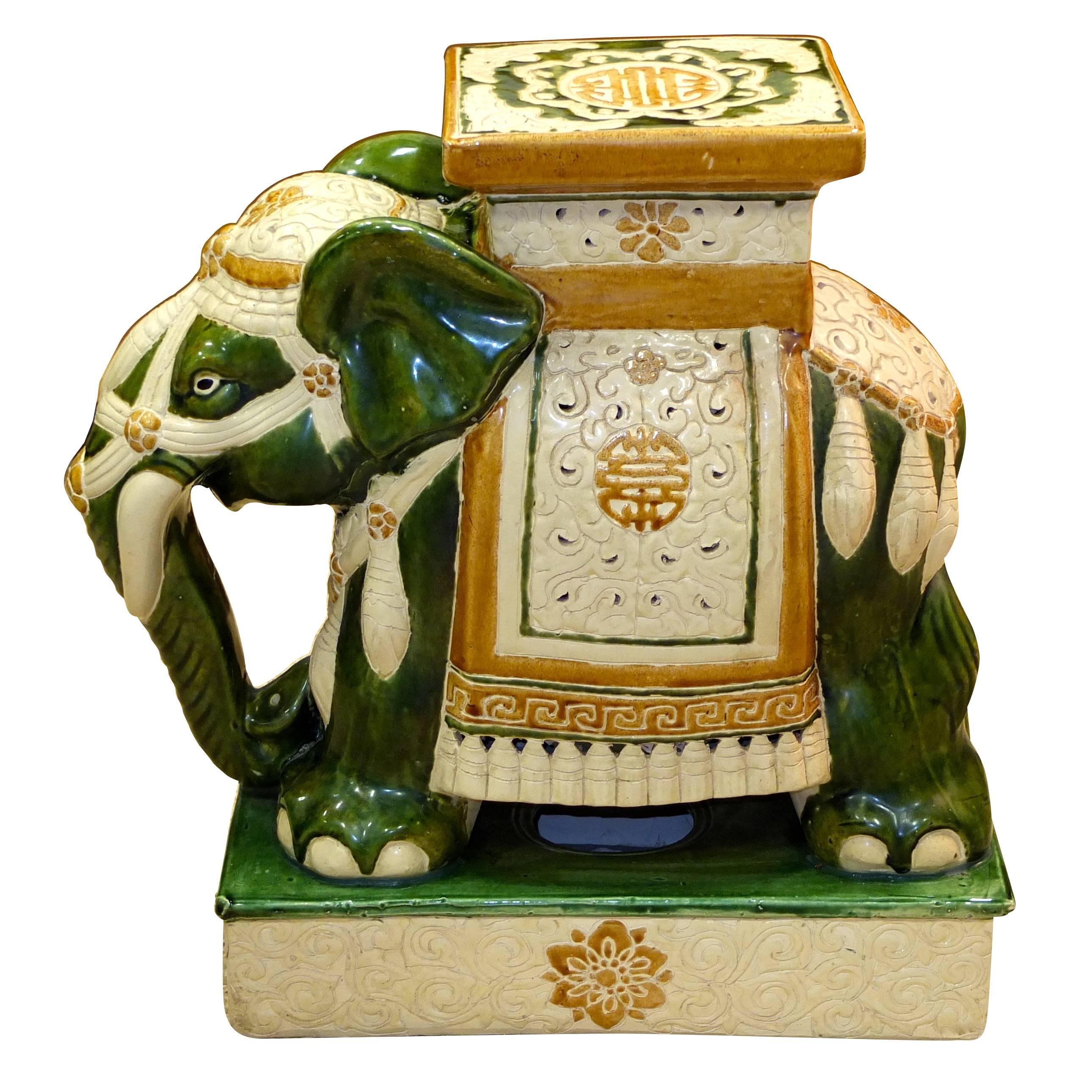 Vintage Glazed Ceramic Elephant Garden Stool