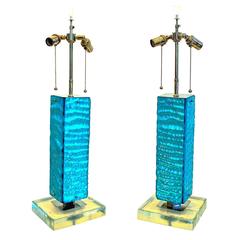 Blue Italian Glass Lamp Pair