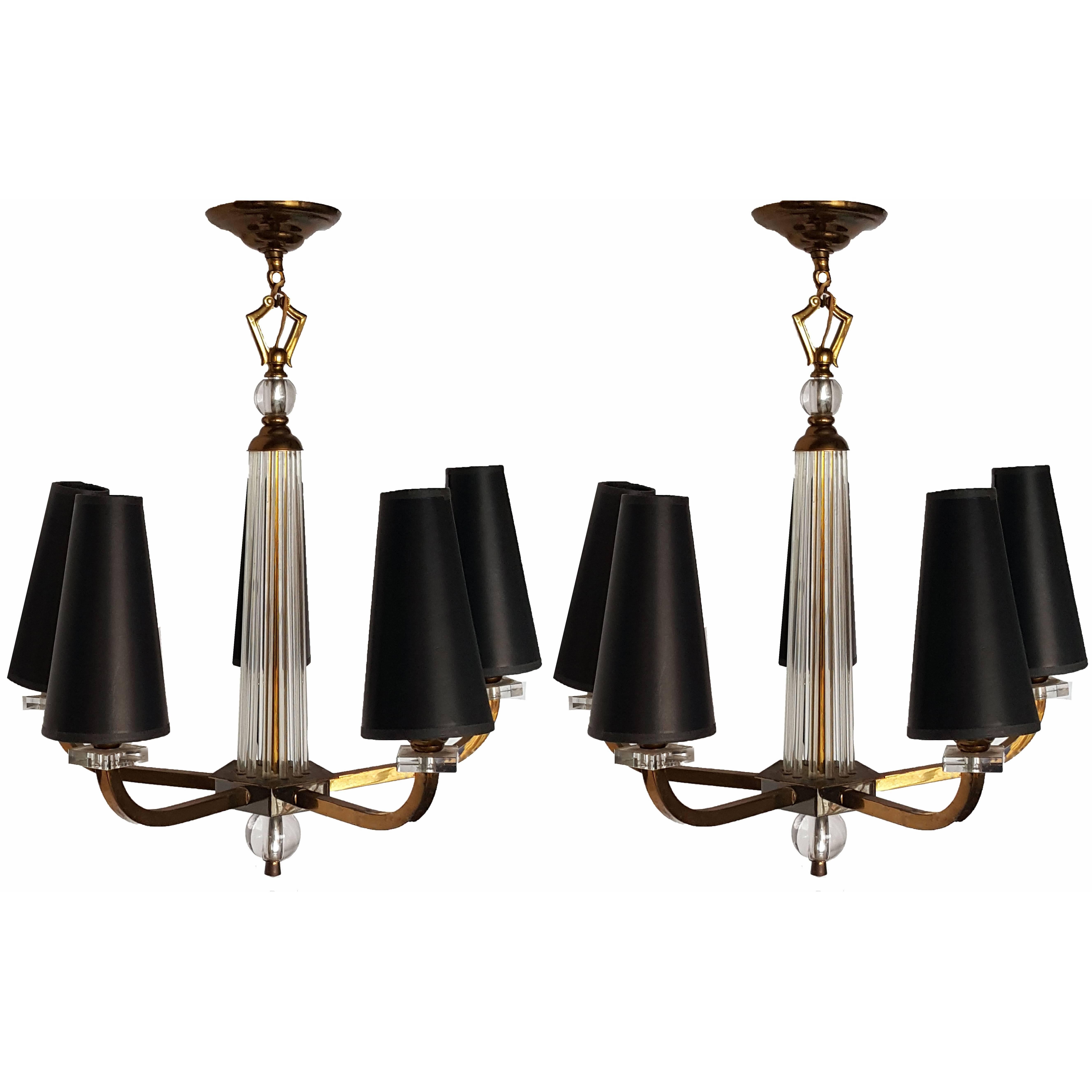 Pair of 5-light Jacques Adnet Chandeliers