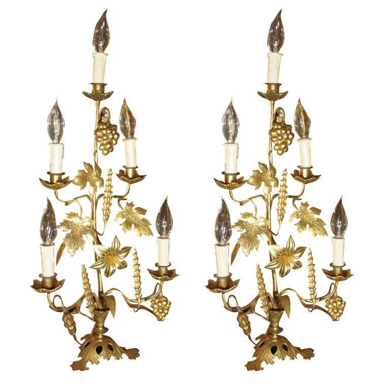 Pair of French Gilt Metal Girandoles - Five-Light Candelabras