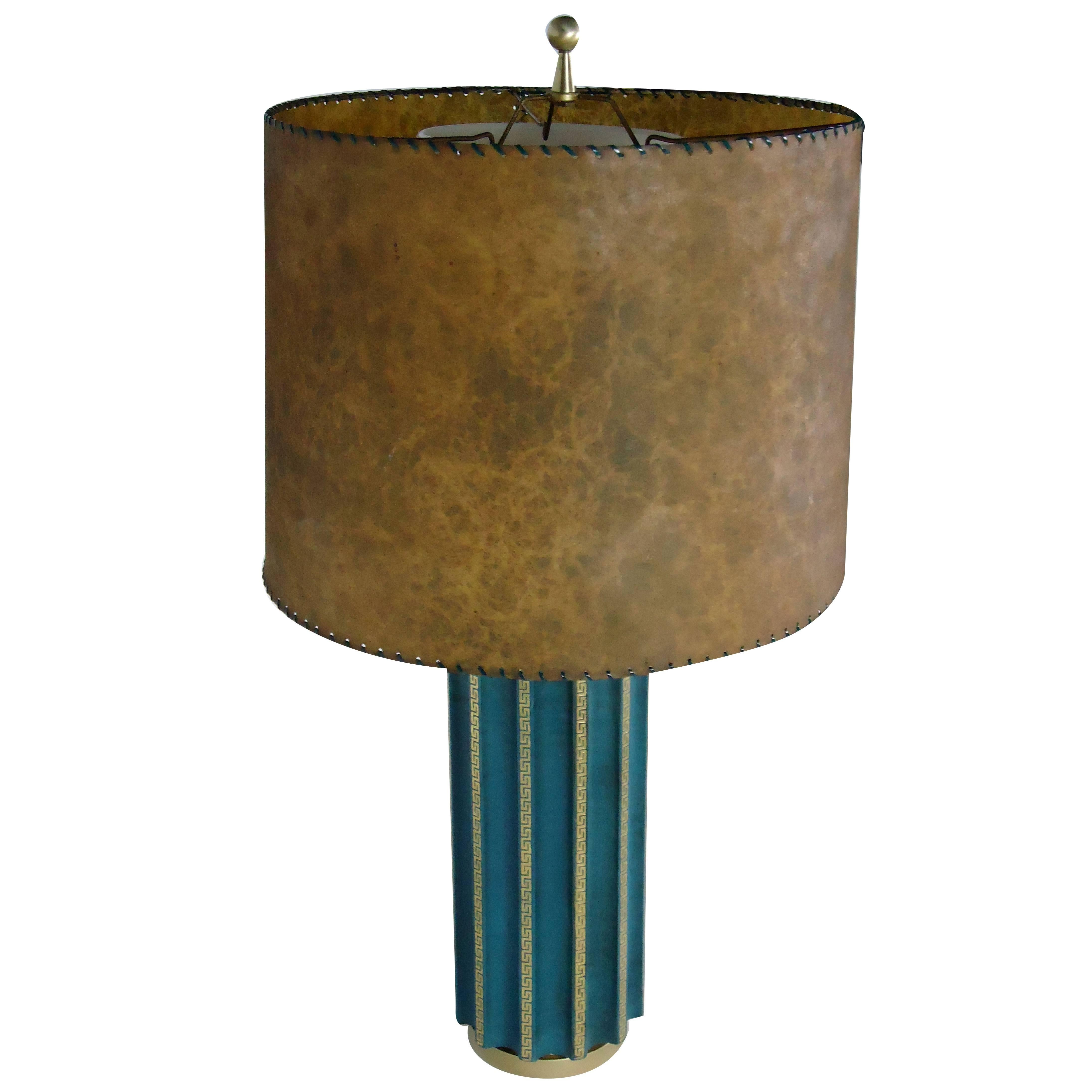 Teal Green Fluted Leather Cased Table Lamp in the Style of Tommi Parzinger 1950s
