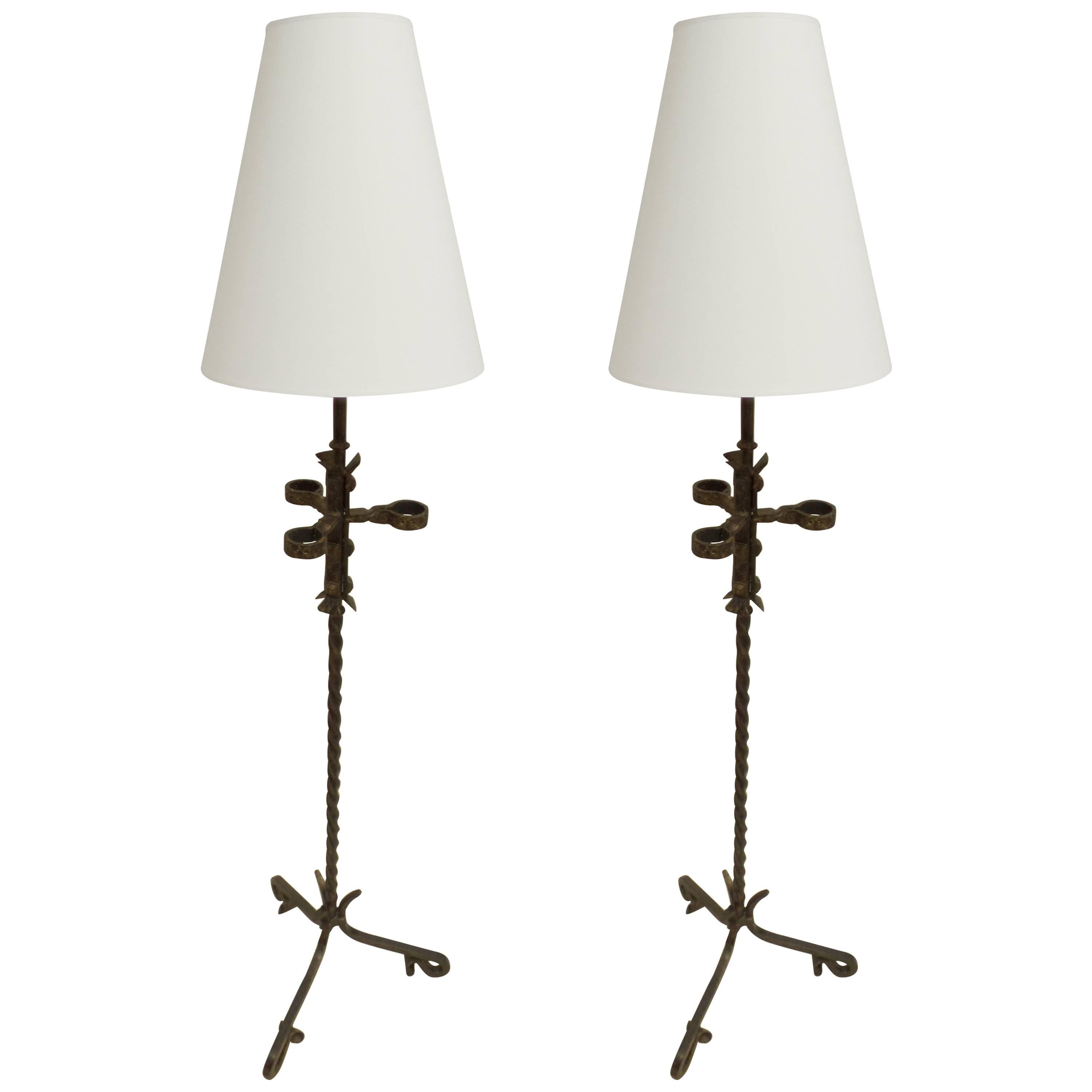 Pair of French 1940s Partially Gilt and Hand-Hammered Iron Floor Lamps
