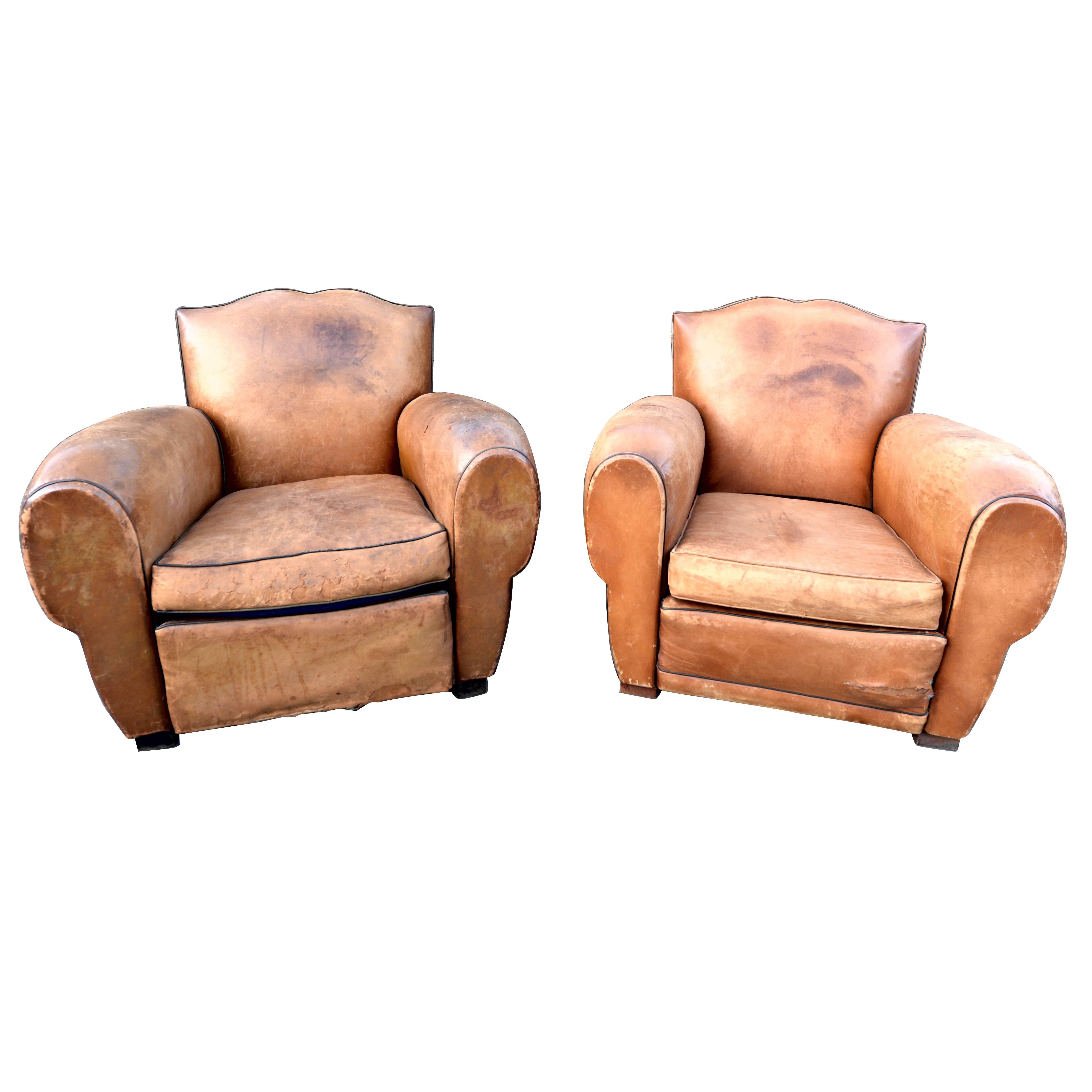 1930s French Art Deco Moustache Leather Lounge or Club Chairs For Sale