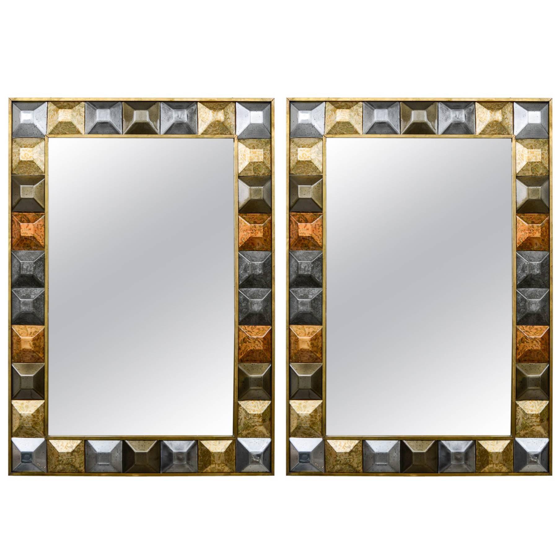 Pair of Mirrors "Diamond Tips", Gilt Patina
