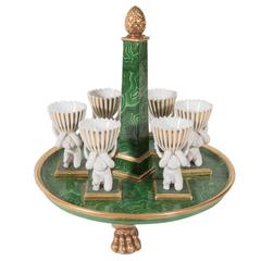 Porcelain Faux Malachite Stand with a Set of Six Egg Cups