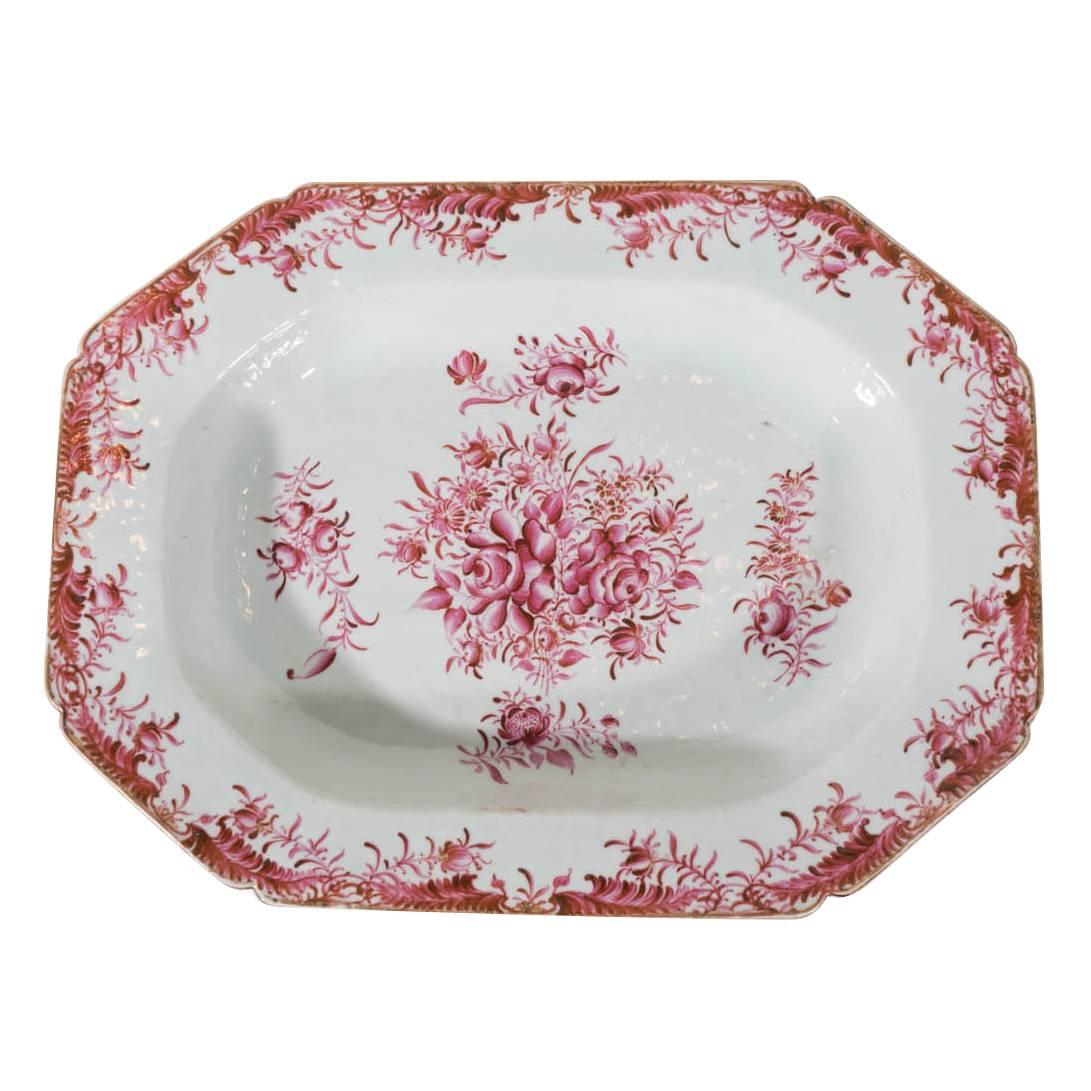 Antique Chinese Porcelain Platter Hand-Painted with Rose Pink Enamels