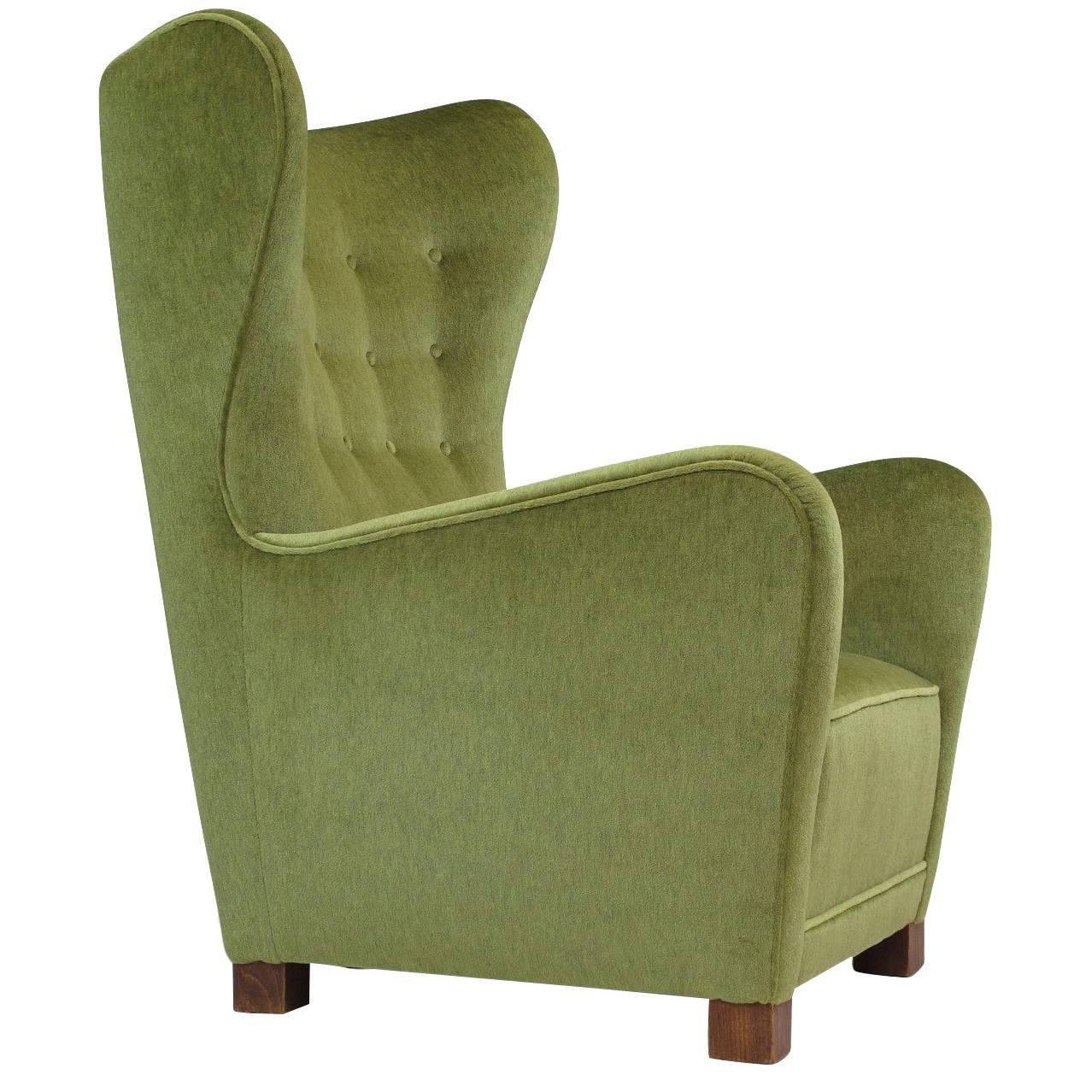 1940s, Fritz Hansen 1672 High Back Chair in Green Mohair