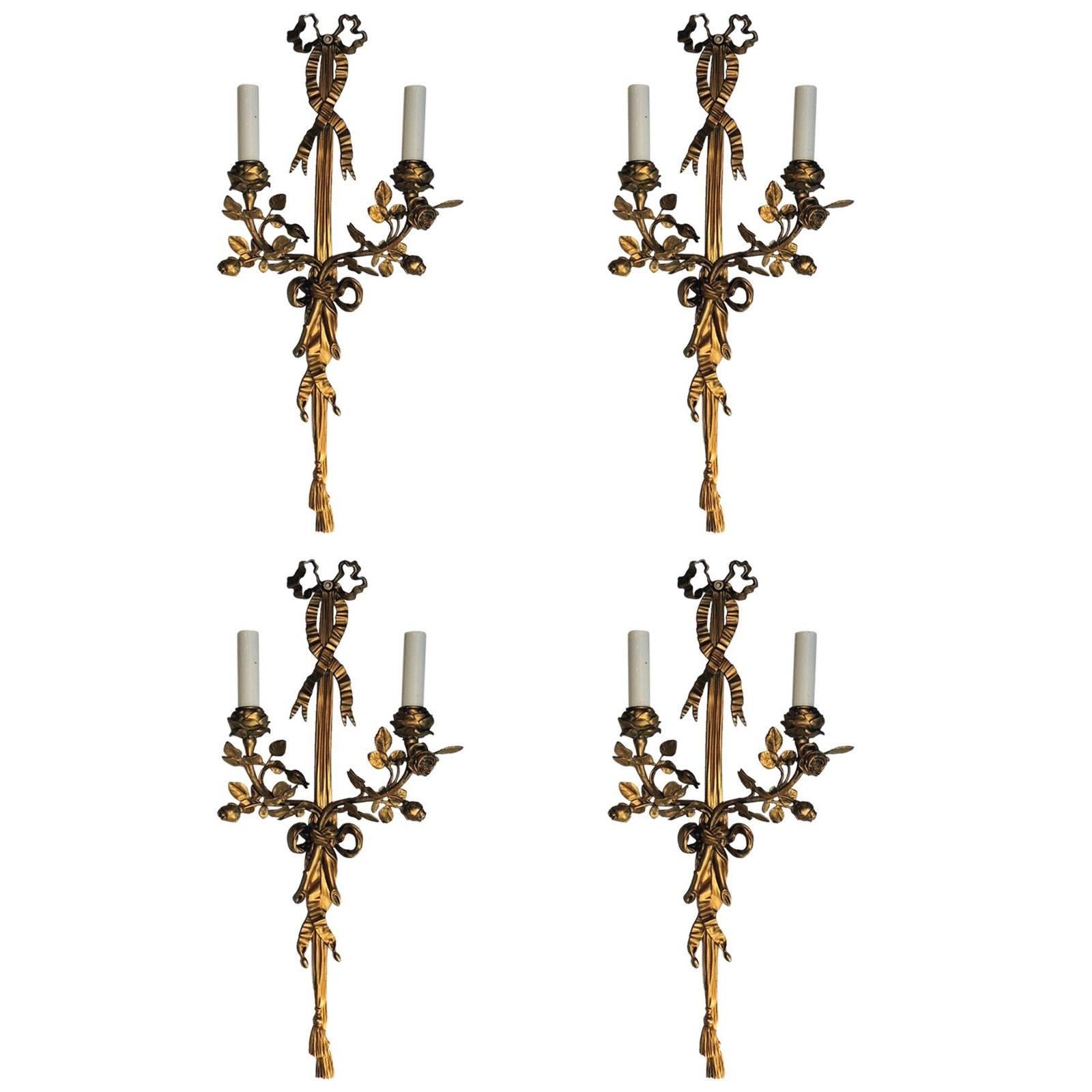 Pair  French Doré Bronze Ribbon and Tassel Two-Arm Floral Sconces