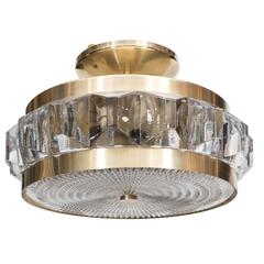 Flush Mount Chandelier with Textured Glass and Brass Fittings by Orrefors