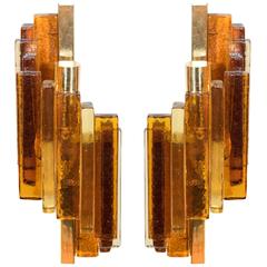 Pair of Mid-Century Modernist Spiral Form Amber Glass Sconces by Hassel Teudt