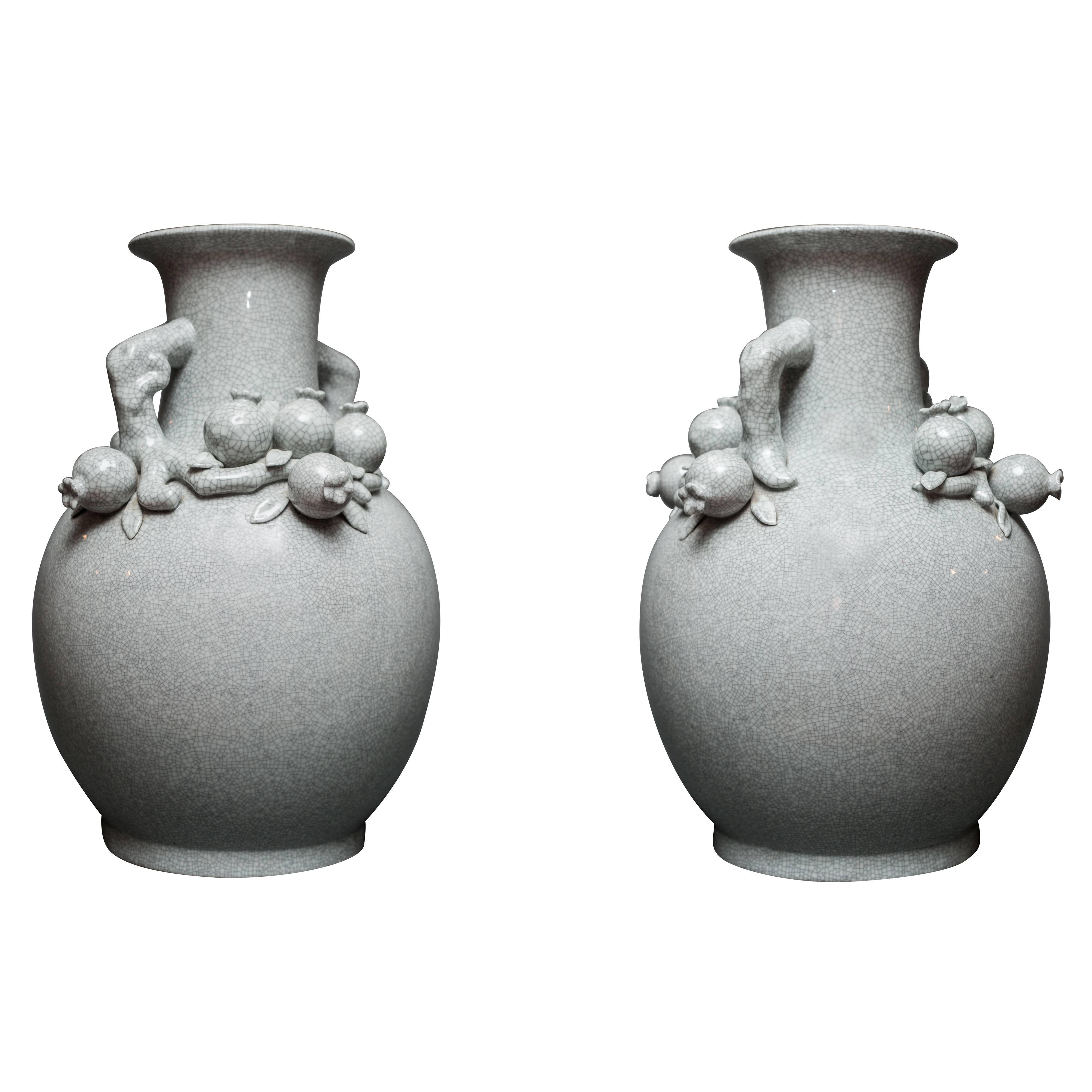 Pair of Chinese Crackle Vases with Pomegranates