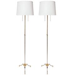 A Pair of Two Light Brass and Chrome Floor Lamps