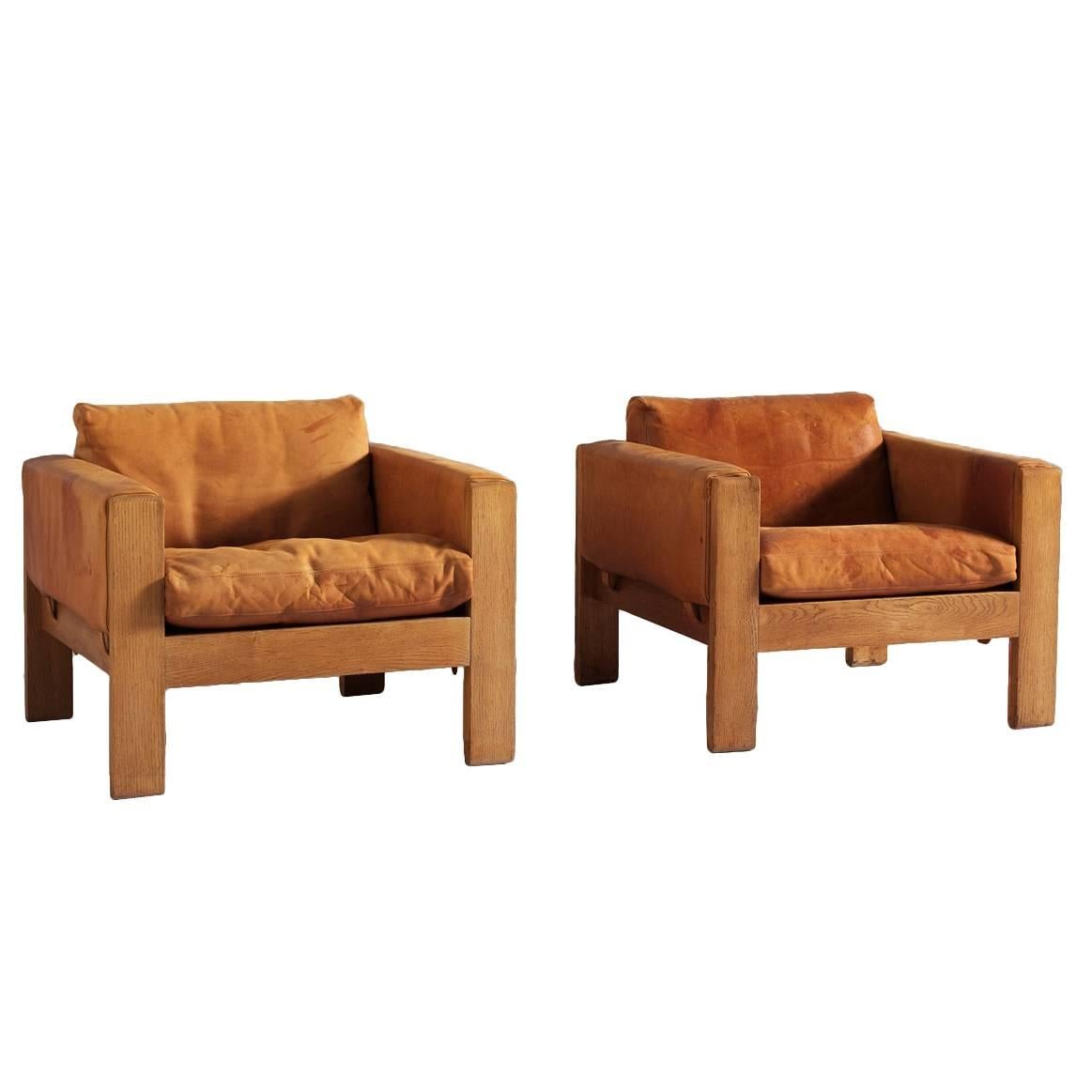 Pair of Cognac Leather Oak Lounge Chairs