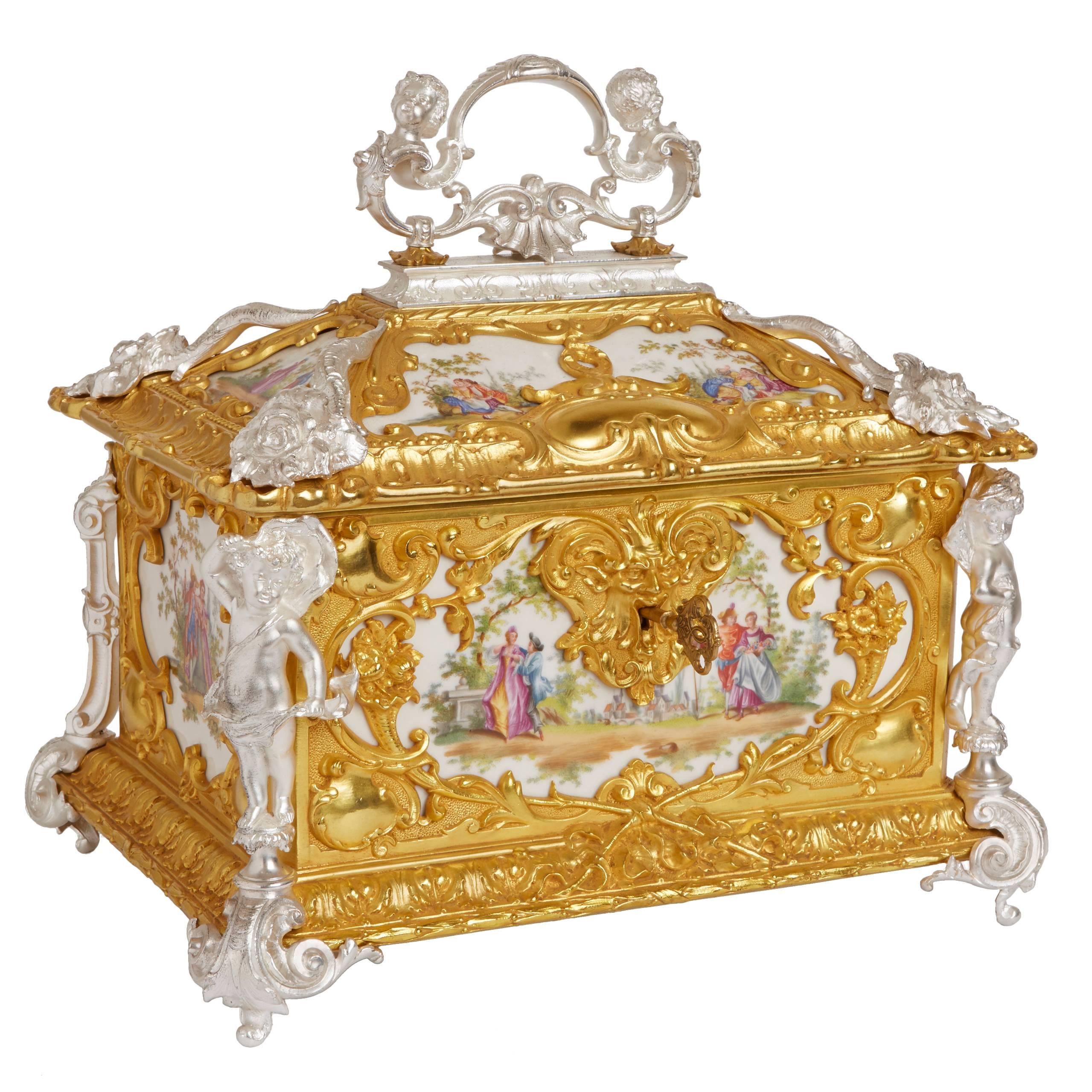 Louis XVI Style Silvered and Gilt Bronze Mounted KPM Porcelain Casket