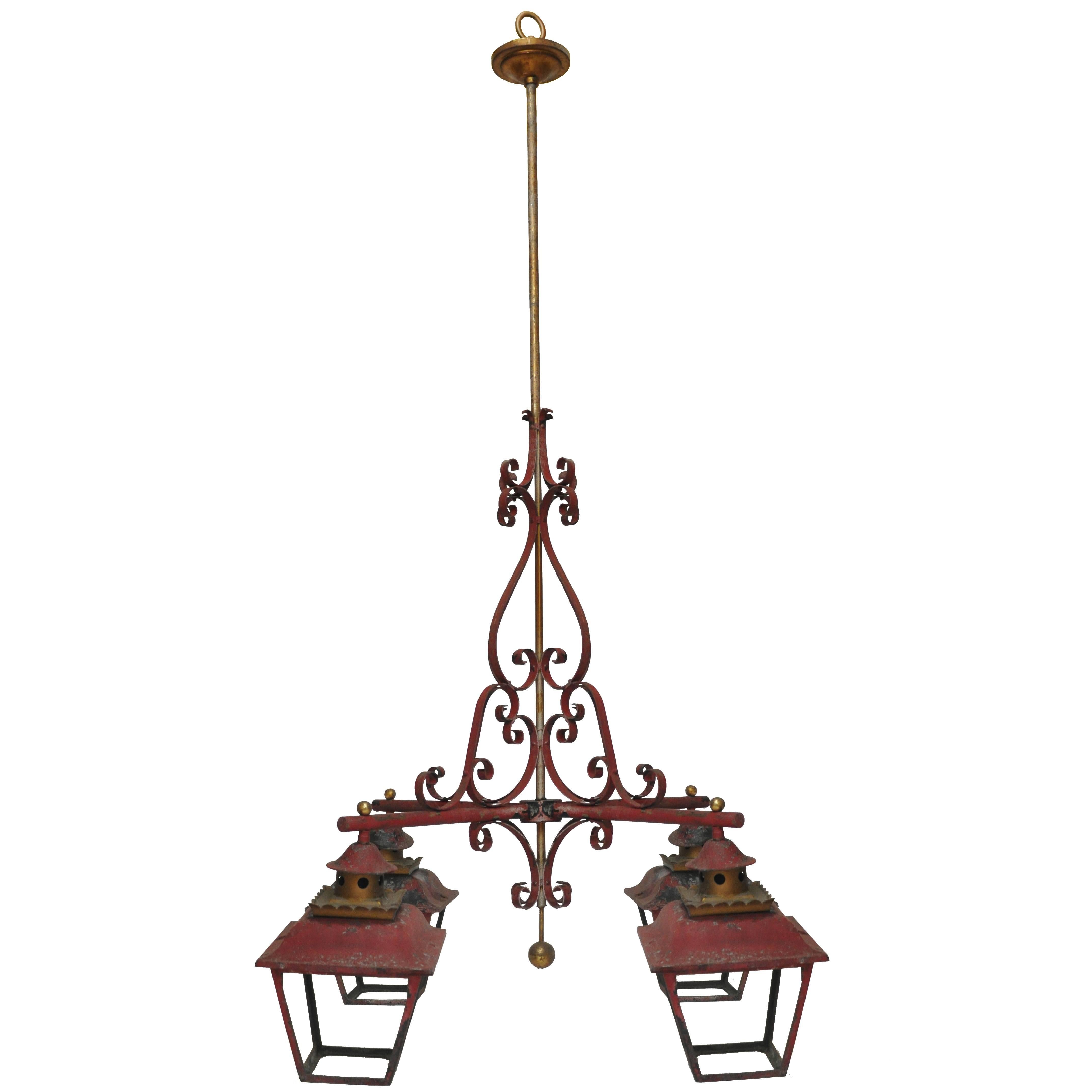 Large-Scale French Chinoiserie Style Four Lantern Hanging Light For Sale