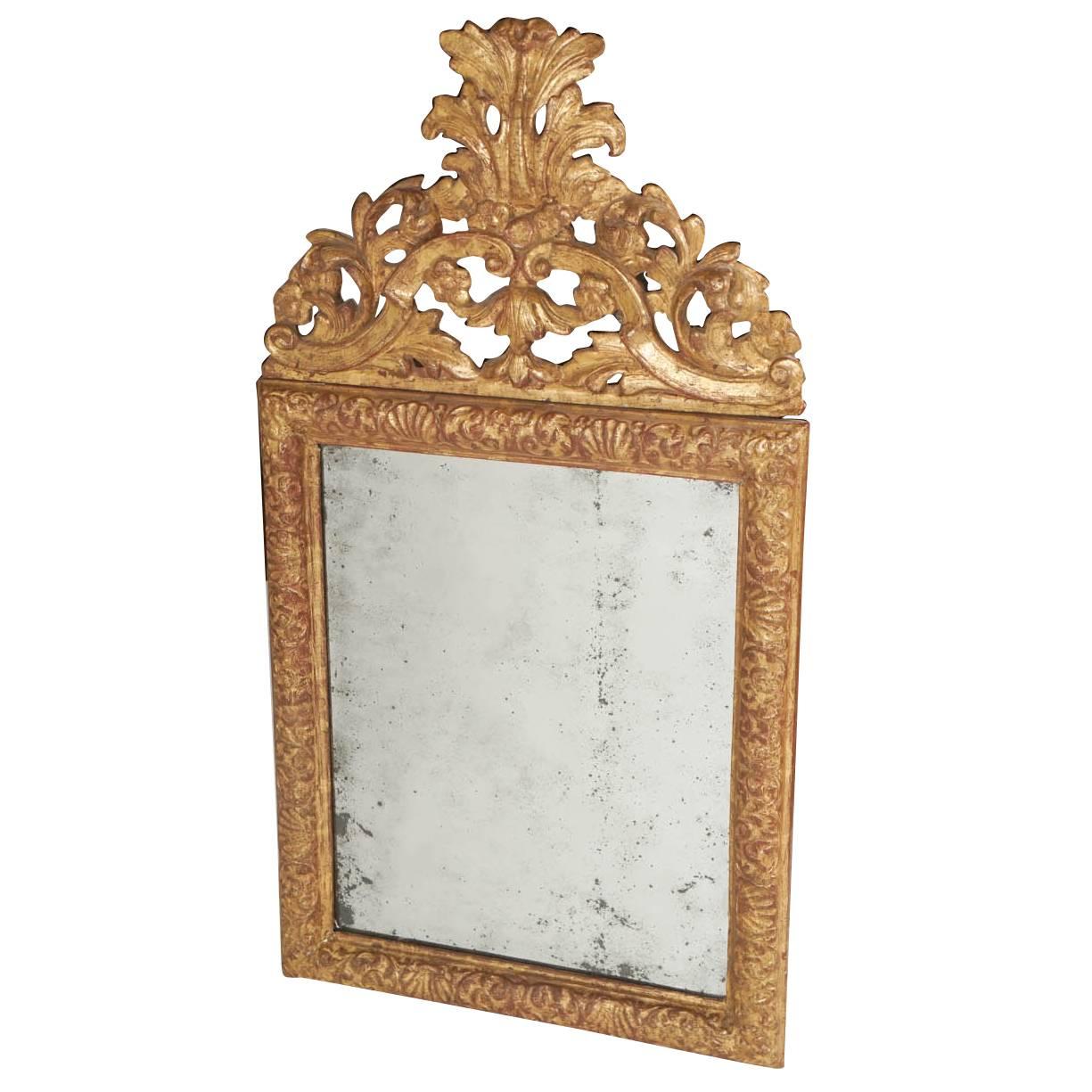 Baroque Carved Giltwood Mirror with Original Plate, Denmark, circa 1700