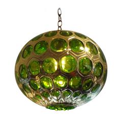 Italian Mid Century Emerald Green Glass And Bronze Lantern
