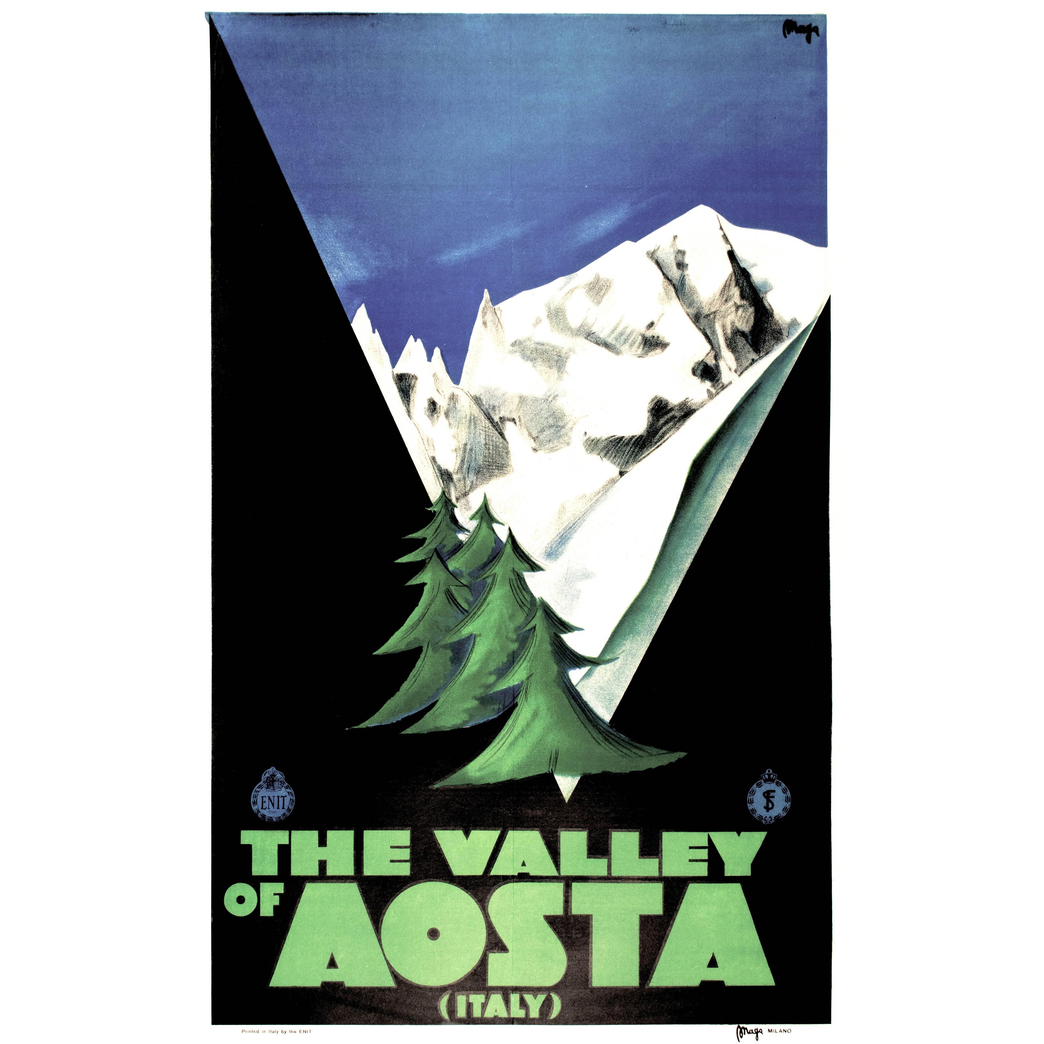 Italian Art Deco Travel Poster by Maga for the Valley of Aosta ski area