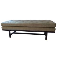 Mid-Century Modern Tufted Walnut Bench with Brass Capped Legs, Manner of Dunbar