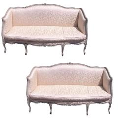 Pair of French Hand Carved & Painted Silk Sofas. Signed Carpentier. Circa 1780