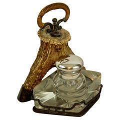 Crystal Inkwell with a Silver Top and Mounted Stag Horn, 19th Century