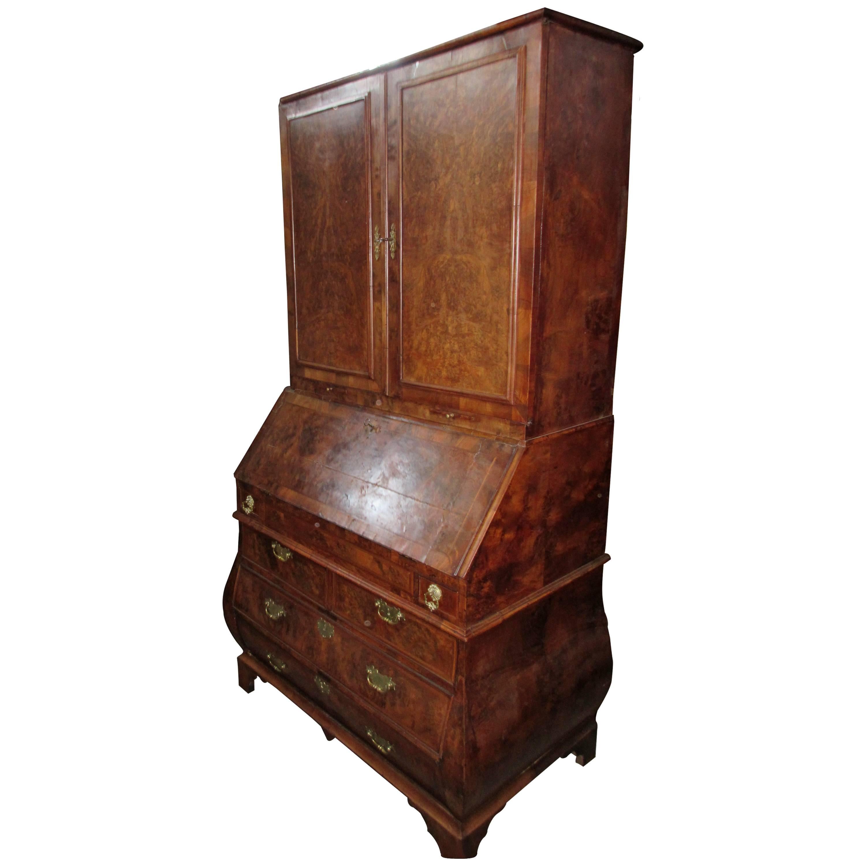 Dutch 18th Century Burr Walnut Secretaire Writing Cabinet Scriban For Sale