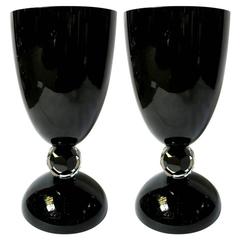 Pair of Black Murano Glass Urns or Large Vases