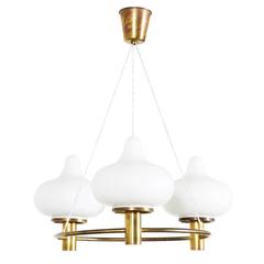 Mogens Hammer & Henning Moldenhawer Brass Chandelier W/ Frosted Glass Shades