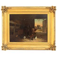 Antique "The Barnyard" Painting by Frederick Rondel