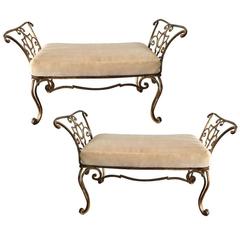 Exceptional Pair ofJean Charles Moreux Gilt Iron Bench with Mohair Cushions