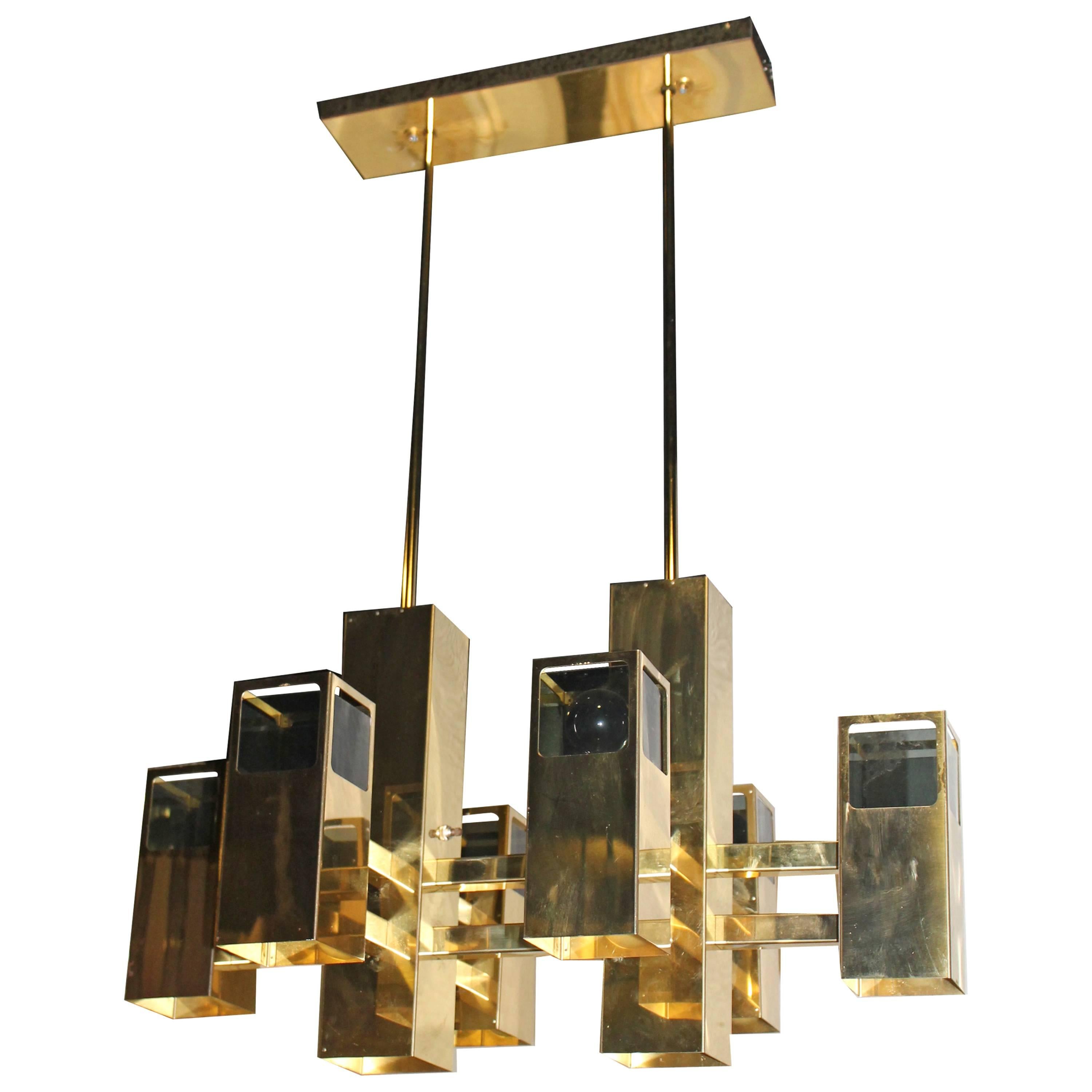 Robert Sonneman Vintage Brass and Smoked Lucite Cityscape Cube Chandelier