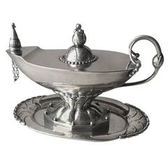 Georg Jensen Sterling Silver Oil Lamp and Tray No. 12
