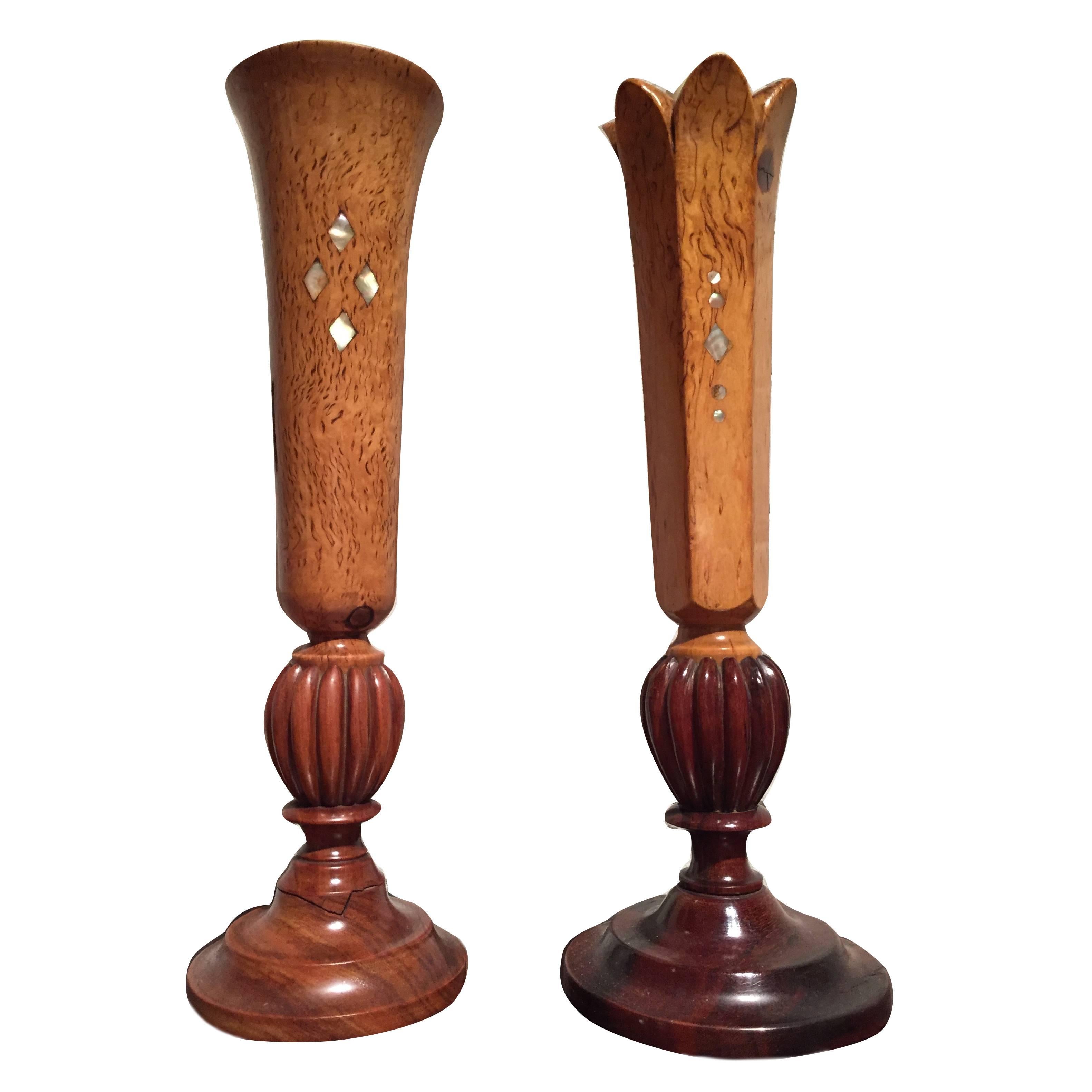 Pair of German Art Deco karelian birch candlesticks with mother-of-pearl inlay For Sale