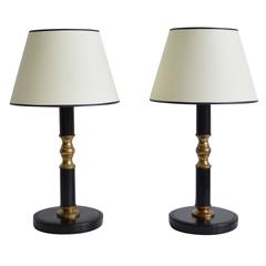 Pair of Black Leather and Brass Lamps by Jacques Adnet 7