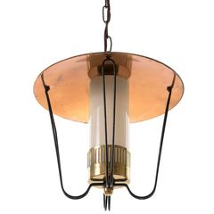 Lantern Pendant Light, Brass Copper Opal Glass, Rupert Nikoll, Austria, 1950s