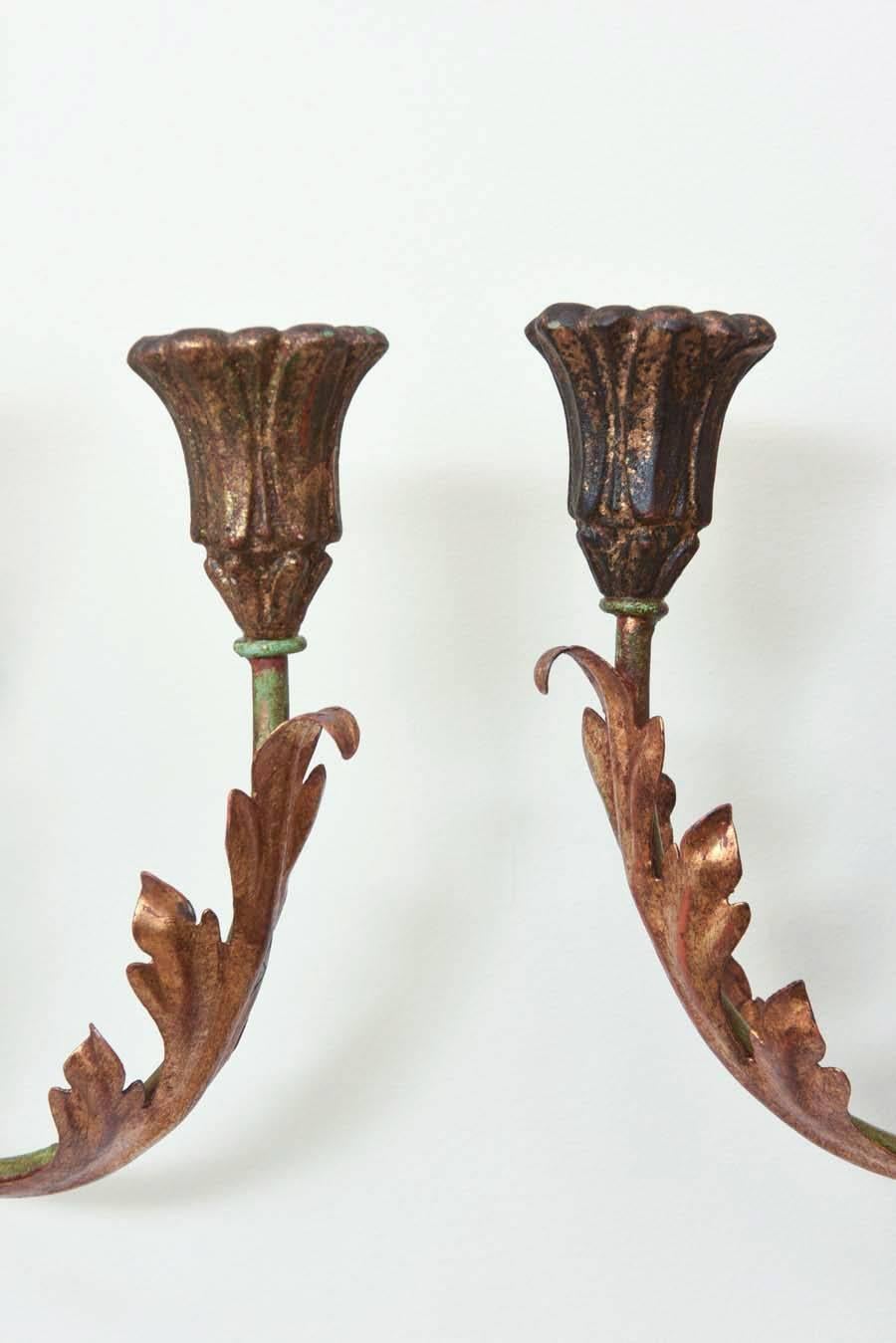 Pair of Italian Painted and Gilded Iron Foliate Sconces For Sale 1