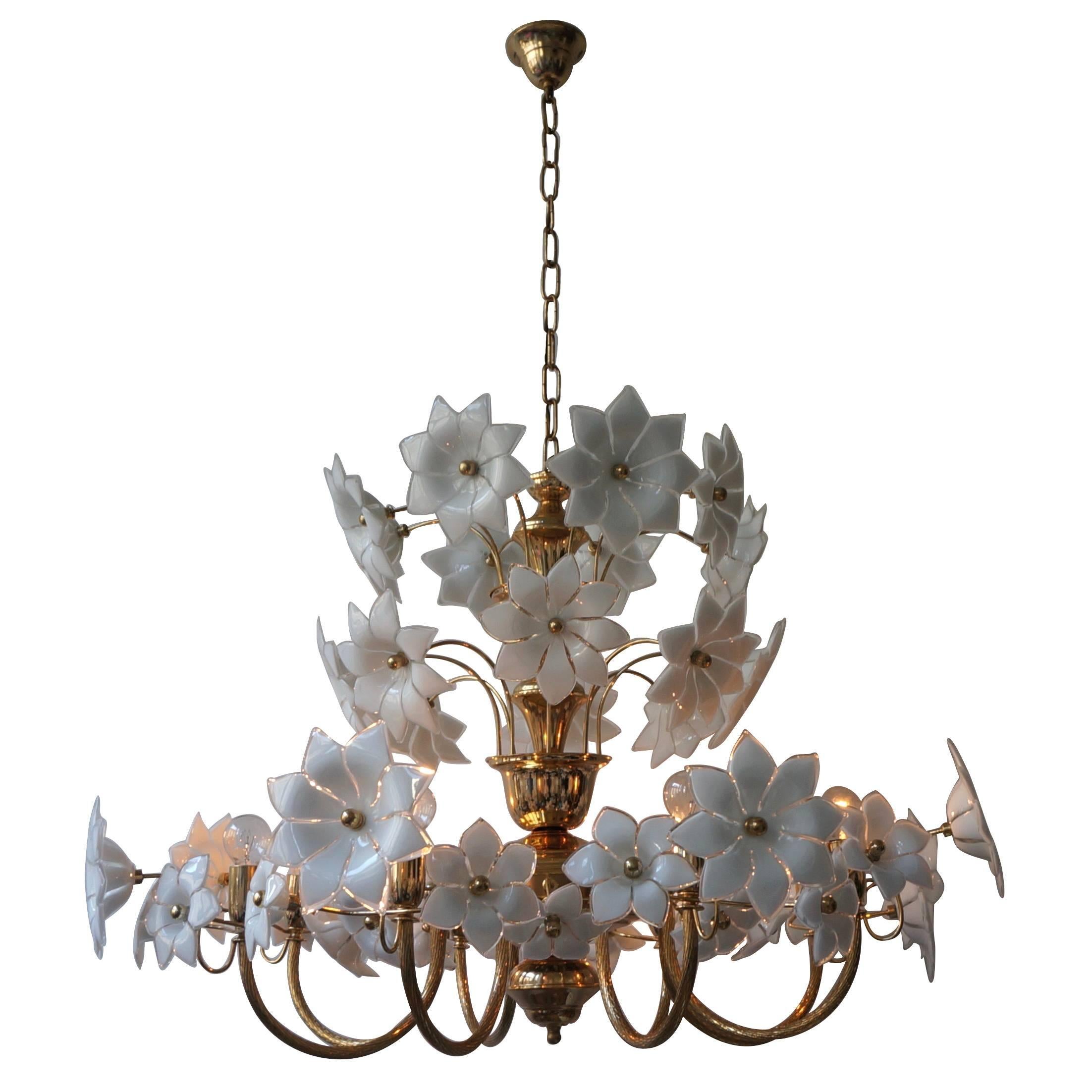 Huge Palwa Gilded Brass and Glass Flower Chandelier