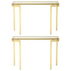 Pair of Pierre Vandel Console Tables with Inset Beveled Glass and Ebonized Trim