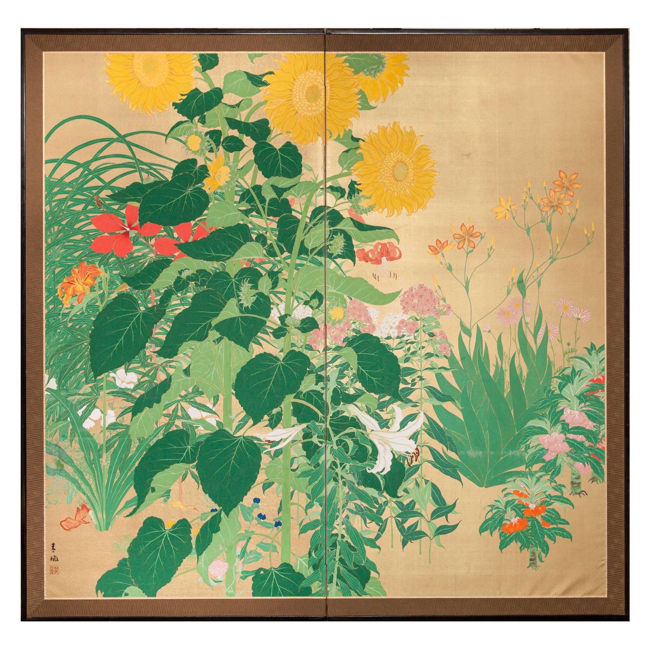 Japanese Two Panel Screen: Summer Flowers