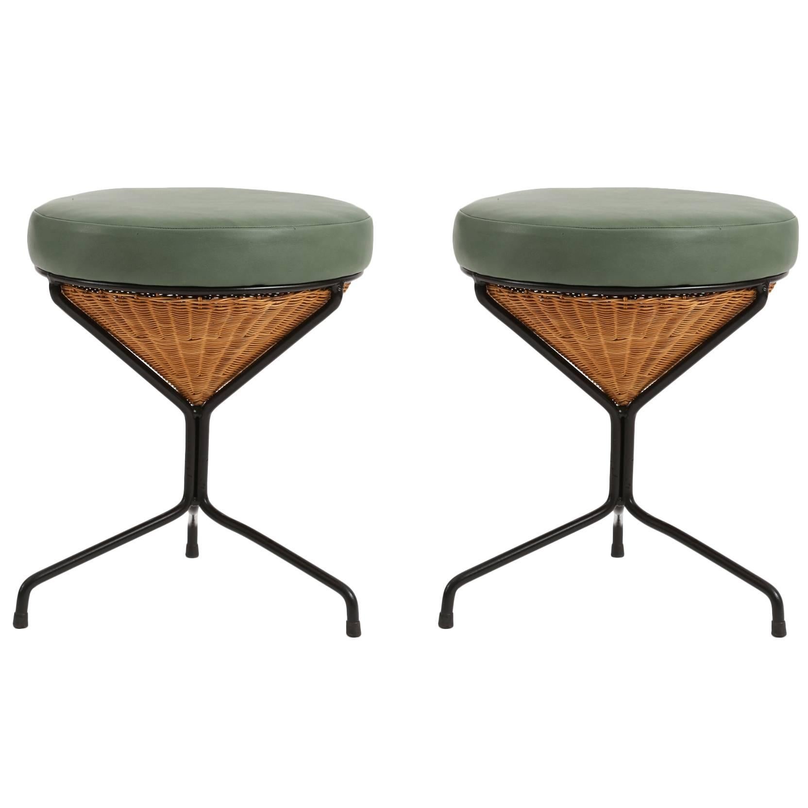 Danny Ho Fong for Tropi-Cal Wicker Iron and Leather Stools